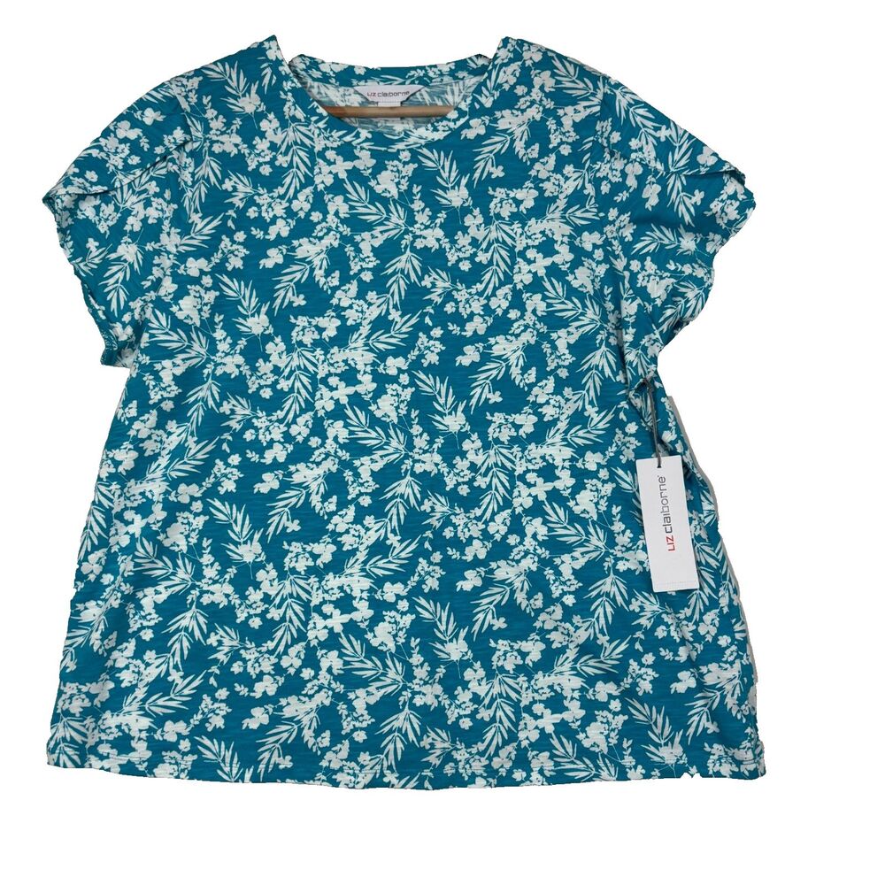 NWT Liz Claiborne Top Womens XL Turquoise Flutter Sleeve Tropical Cottage Casual